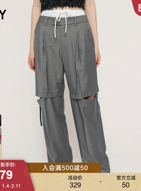 SLY 24冬季新品职场海妖风双腰头破洞直筒休闲裤030HAM31-0661