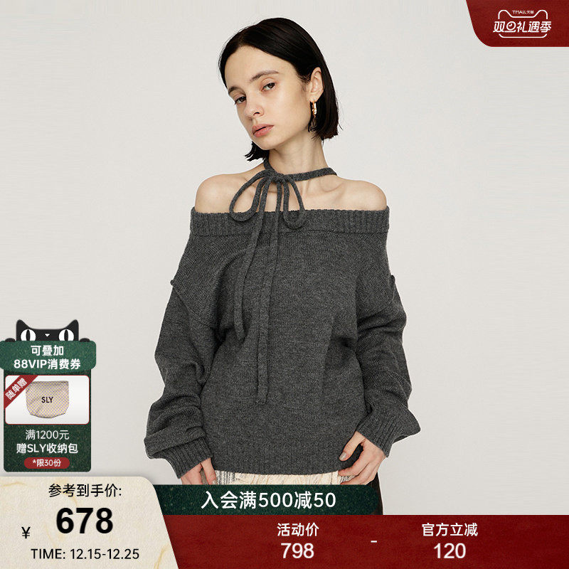 SLY2025冬季新品慵懒风蝴蝶结绑带露肩宽松毛针织衫030IAR70-3131