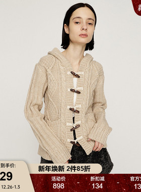 SLY2025冬季新品森系慵懒风牛角扣撞色连帽针织开衫030IA470-4271