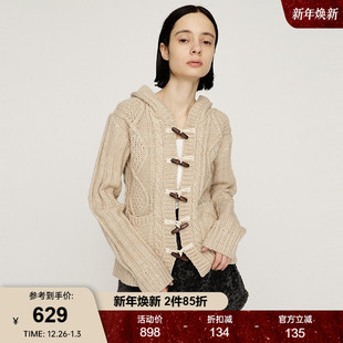 030IA470 森系慵懒风牛角扣撞色连帽针织开衫 4271 新品 SLY2025冬季