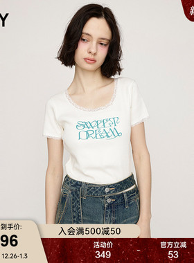 SLY 2025夏季新品甜美风蕾丝边字母圆领舒适短袖T恤030ISR90-3291