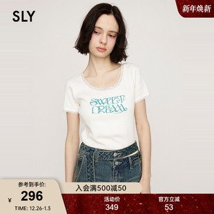 T恤030ISR90 SLY 甜美风蕾丝边字母圆领舒适短袖 新品 3291 2025夏季