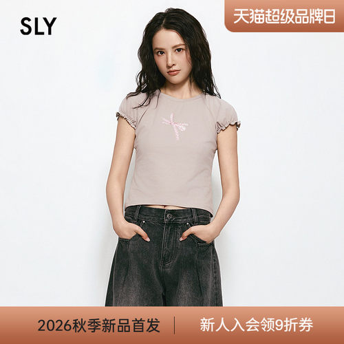 SLY 2026夏季新品甜美风波点蝴蝶结印花木耳袖边T恤038JSZ90-1004