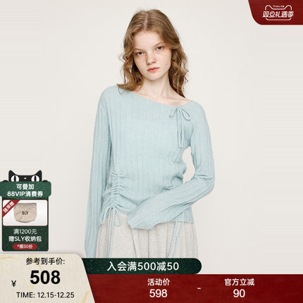 SLY2025秋季新品温柔知性系带斜肩抽褶修身毛针织衫030IAZ70-3201