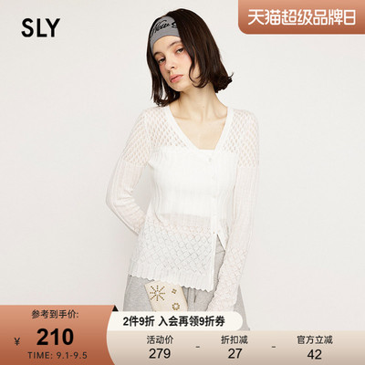 SLY 夏季新品度假风V领斜门襟纽扣微透针织开衫030ISY70-2181