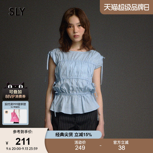 SLY早春新品甜美系带飞飞袖褶皱修身圆领衬衫女030ISZ30-4441