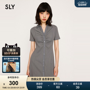 SLY夏季新品轻熟风褶皱V领知性通勤修身连衣裙030ISR83-4171