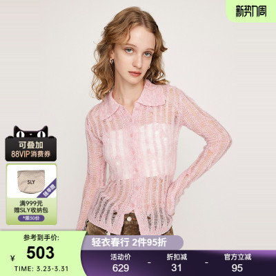 SLY春季新品慵懒风破洞镂空时尚翻领针织开衫女030IA470-1781