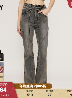 SLY 春季美式复古解构交叉系带微喇牛仔裤030HAR11-5711