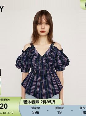 SLY 春季复古格纹日系露肩V领泡泡袖衬衫女038HAZ30-0091