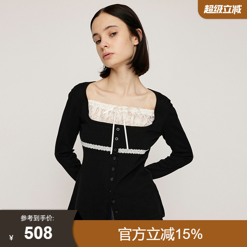 SLY2025秋季新品甜美日系蕾丝拼接蝴蝶结绑带针织衫030IA470-2911