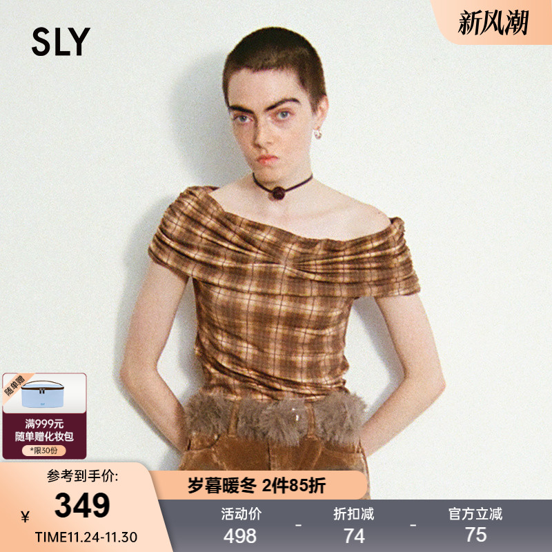 SLY 2025早秋新品复古格子捏褶一字领短袖针织衫女030IAR80-0681