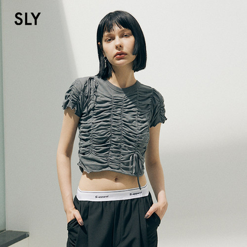 SLY 春季新品日系设计感褶皱抽绳系带针织上衣030HAZ80-0131