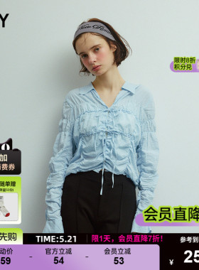 SLY 夏季新品甜美日系多巴胺条纹褶皱系带衬衫030ISY30-2601