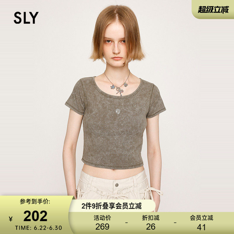 SLY 夏季新品复古金属标小巧短款圆领短袖T恤女030ISR80-3311