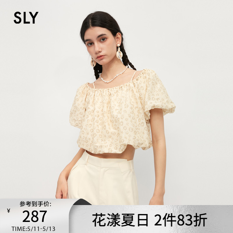 sly一字领甜美可爱豹纹短袖衬衫