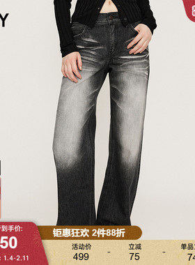 SLY 2024冬季新品美式复古做旧低腰宽松直筒牛仔裤030HAZ11-4571