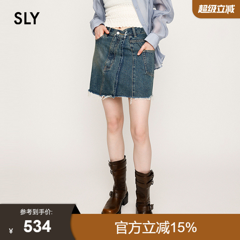 SLY 2025夏季新品街头复古做旧毛边A字牛仔半身裙女030ISY11-3601