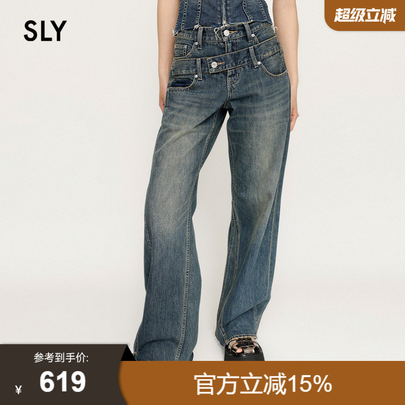 SLY冬季新品美式辣妹风解构双腰头低腰牛仔裤030HSZ11-1211