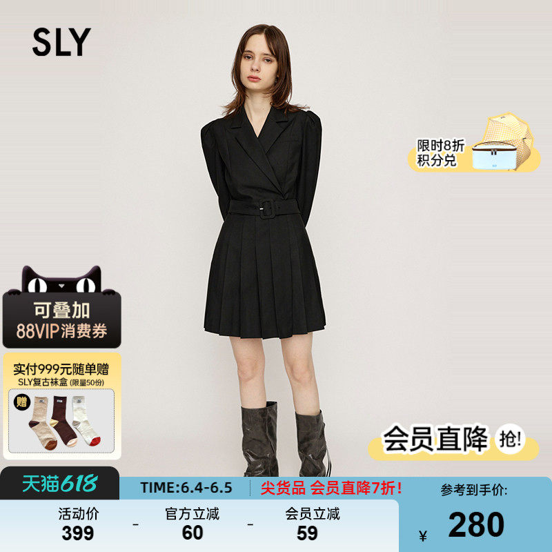 SLY 清冷知性风气质附腰带收腰垫肩西装百褶连衣裙030HAA33-2191