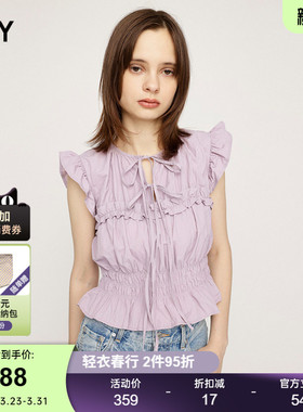 SLY 春季新品法式田园风优雅褶皱飞飞袖衬衫女030HSY30-0751