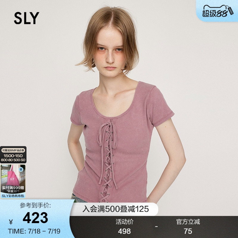 SLY 2025早秋新品甜美系带圆领修身舒适短袖T恤030ISR80-4551