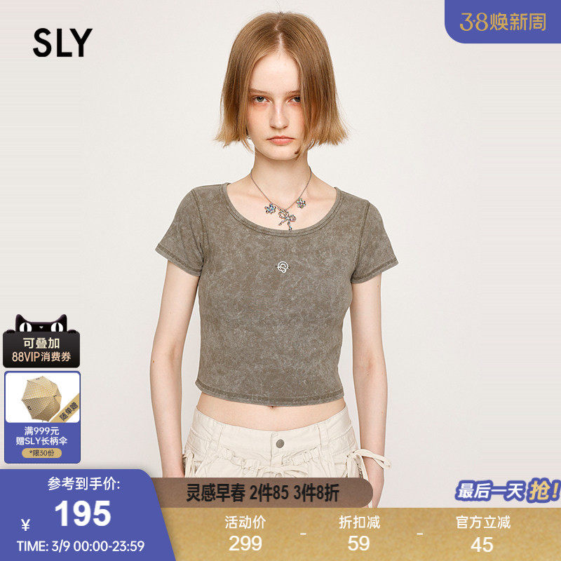 SLY 夏季新品复古金属标小巧短款圆领短袖T恤女030ISR80-3311