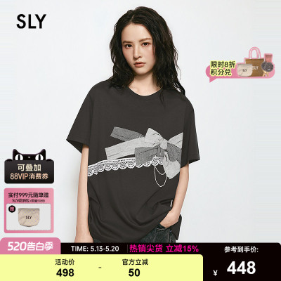 SLY 2026夏季新品甜酷少女风蝴蝶结印花圆领短袖T恤038JSZ90-1005