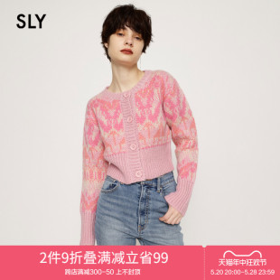 甜美针织开衫 女030FAY70 复古圆领花纹印花设计收腰短款 SLY 1960