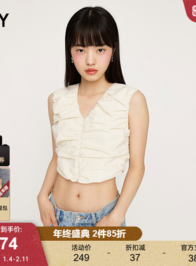 SLY 春季法式优雅气质V领褶皱无袖衬衫女030HSZ30-1731