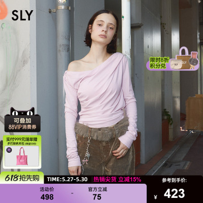 SLY春季新品优雅知性风纯色斜肩长袖荡领针织衫030IAR80-2151