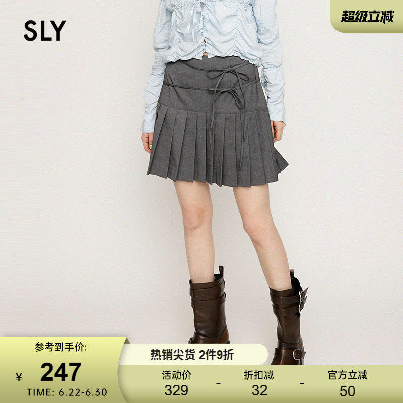 SLY 夏季新品双绑带蝴蝶结百褶裙拼接半身裙女030ISR31-5291
