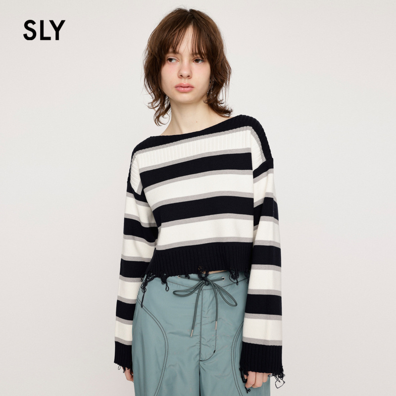 sly甜美日系撞色条纹针织衫毛衣