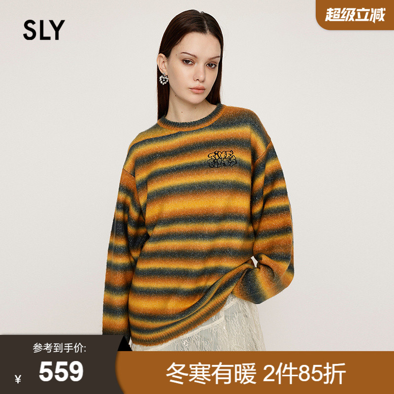 SLY 2024冬季新品鬼马少女撞色条纹刺绣针织衫毛衣030HAR70-4891
