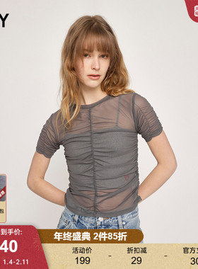 SLY 2024夏季新品设计感透视褶皱修身针织T恤上衣女030HSR80-1951