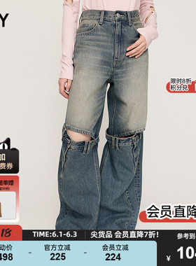 SLY 夏季新品街头设计感膝盖开关宽松牛仔裤女030ISZ11-3031