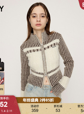 SLY 24冬季新品撞色软糯直筒立领拉链针织开衫女030HAR70-4861