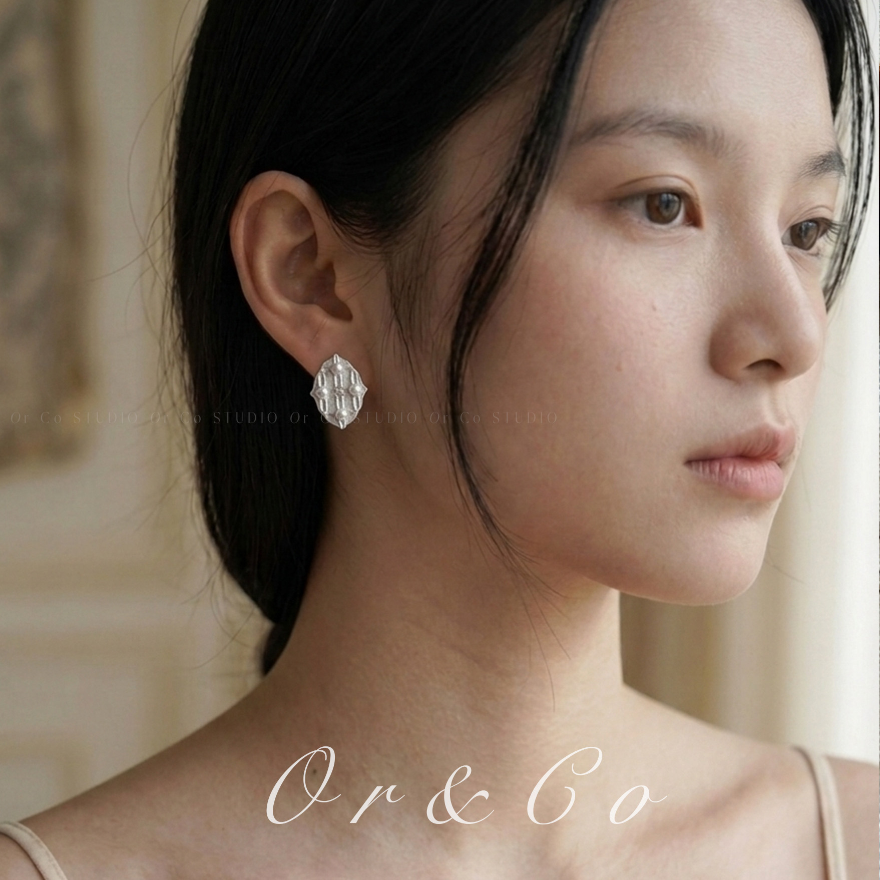 Or Co中式复古风珍珠银桂925银针耳钉女微镶闪钻设计国风小众气质