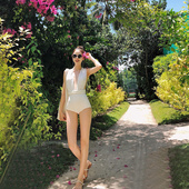 白色连体露背绑带高级性感温泉度假泳衣女款 复古泳装 法式 2025新款