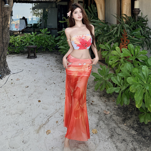 橘色印花辣妹风分体抹胸比基尼三件套性感半身长裙度假温泉泳衣女