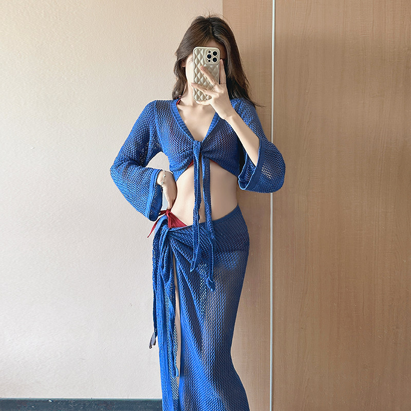 欧美新款泳装针织分体绑带比基尼罩衫长裙海边度假性感温泉泳衣女