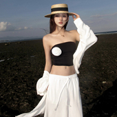 子套装 裤 度假温泉泳衣女 罩衫 小香风白花黑抹胸背心三角比基尼长袖