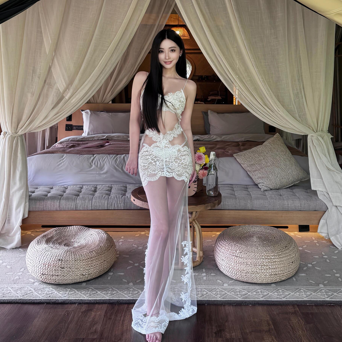 白色透视性感重工绝美高级蕾丝长裙连衣裙比基尼蜜月度假风泳衣女