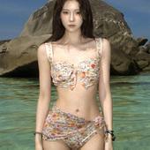 法式 复古宫廷风碎花绝美分体小胸比基尼三件套性感温泉度假泳衣女