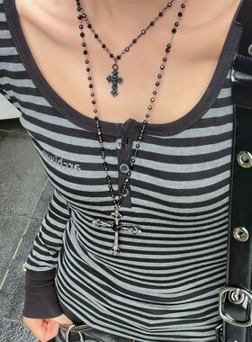 时尚辣妹十字叠戴项链小众设计感吊坠少女个性颈链配饰卫衣毛衣链