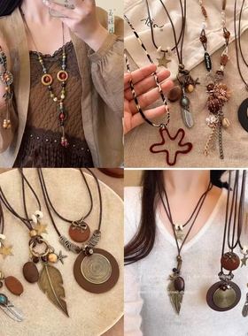 新中式禅意风做旧羽毛项链民族风