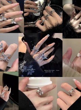 韩系优雅满钻精致蝴蝶开口戒指可调节叠戴高级感小众设计食指指环