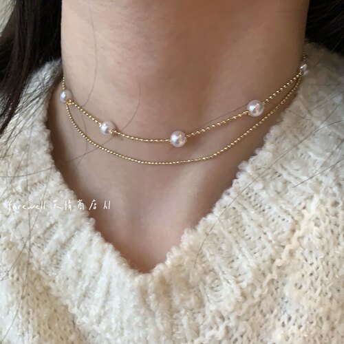 法式温柔珍珠双层锁骨链叠戴