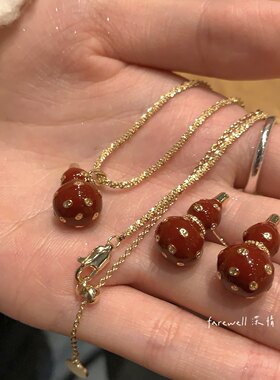 红色滴油葫芦项链 春节耳钉 复古喜庆耳环中式耳饰福禄中式锁骨链