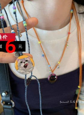 ins卡通可爱猫咪吊坠项链彩色串珠抽拉编织绳锁骨链颈甜漂亮配饰